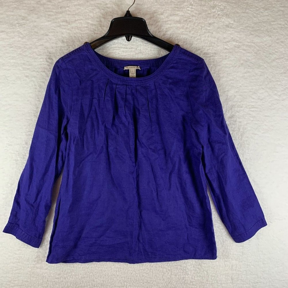 J. Crew Tunic Top Women's Size 2 Blue Long Sleeve Pleated Linen Pullover 6577